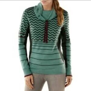 Smartwool Cowl Neck Chevron Striped Long Sleeve Sweater - Green/ Purple XS